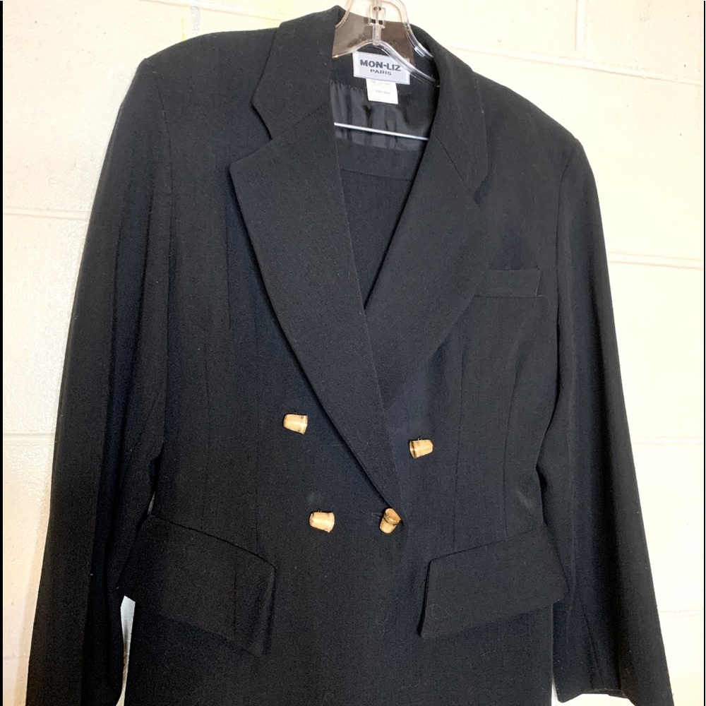 Two piece Mon-Liz Paris designer suit with gold thimble buttons.